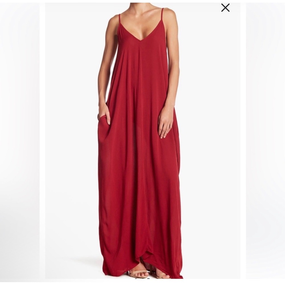 Lovestitch Red Gauze Maxi Dress Womens M/L Sleeveless Oversized Pocket V-Neck